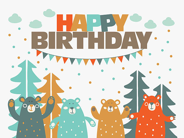 Happy birthday - lovely vector card with funny cute bears in forest and garlands. Ideal for cards, invitations, party, banners, kindergarten, baby shower, preschool and children room decoration