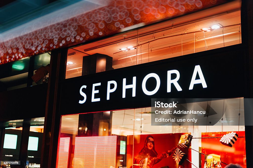 Sephora cosmetics chain in French city with sparkling light Strasbourg, France - December 20, 2016: Sephora cometics store in French city, Sephora is a French chain of cosmetics stores founded in 1969. Featuring nearly 300 brands Sephora Stock Photo