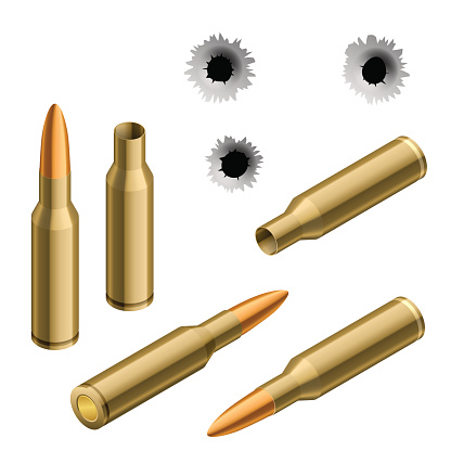 Dvc Bullet Isometric Shot Gun Bullets And Bullet Holes Isolated On White Stock ...