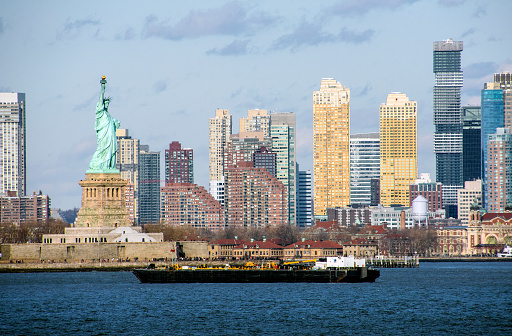 View of downtown Manhattan and the Statue of Liberty from the Staton Island ferry. New York City, New York.