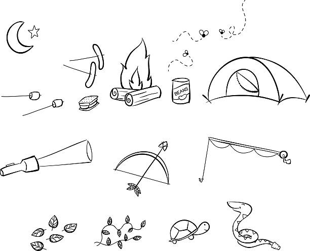 Illustrations de dessin au trait de camping - Illustration vectorielle