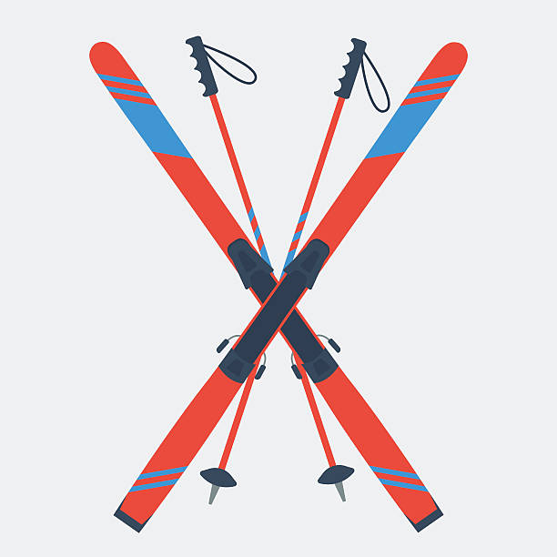 ilustraciones, imágenes clip art, dibujos animados e iconos de stock de par de esquís rojos y bastones de esquí - cruzar