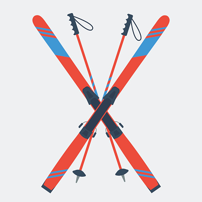 Vector icon pair of red skis and ski poles isolated on grey background