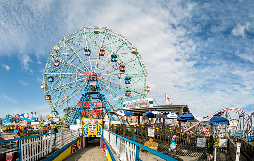 New York, United States - October 25, 2015: Wonder Wheel is a hundred and fifty foot eccentric wheel built in 1920 in Luna Park Coney Island.