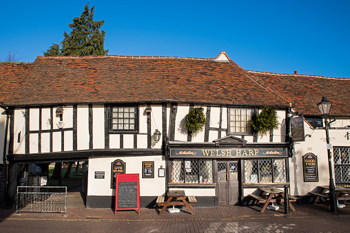 Waltham Abbey, UK - January 2nd 2017: The Welsh Harp public house in Waltham Abbey, Essex.   It is a fine example of a 15th Century Half Timbered building.