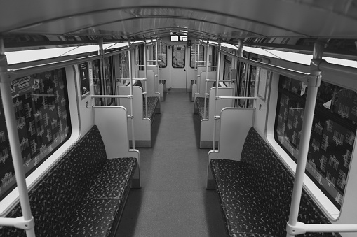 Berlin, Germany - December 20, 2016: Security camera perspective in empty subway train (U-Bahn) in Berlin, Germany.