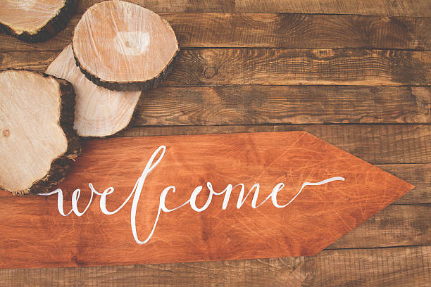istock Inscription welcome on a wooden floor. Background. 637182160