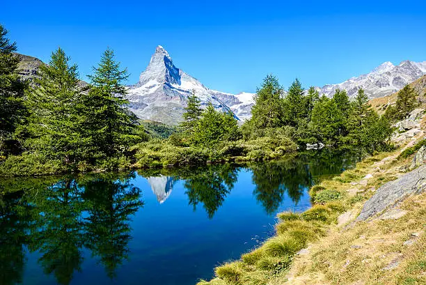 Grindjisee - beautiful lake with reflection of Matterhorn at Zermatt, Switzerland
