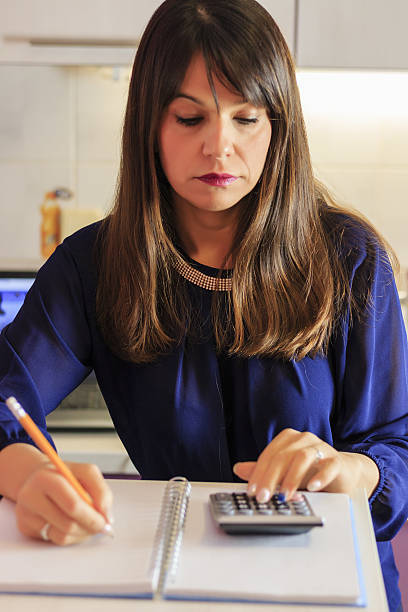 istock Close up of businesswoman hands using calculator 637187106
