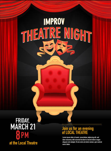 improv theatre night szablon projektu z czerwoną kurtyną - stage theater theatrical performance curtain seat stock illustrations