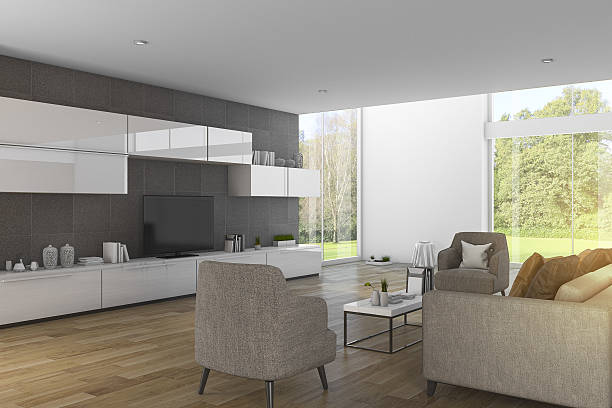 istock 3d rendering modern wood living room with nice garden view 637194100