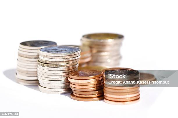 Many Stacks Of Coins In Various Sizes And Valued Stock Photo - Download Image Now - Banking, Business, Business Finance and Industry