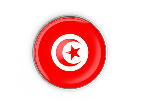 Flag of tunisia, round icon with metal frame isolated on white. 3D illustration