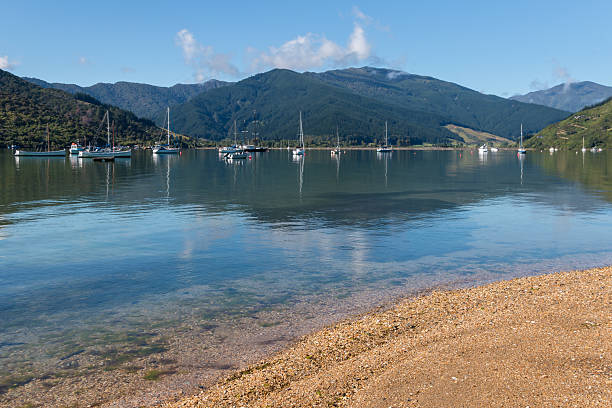 ニュージーランド、マールボロ・サウンズのアナキワ港に係留されたボート - queen charlotte sound ストックフォトと画像