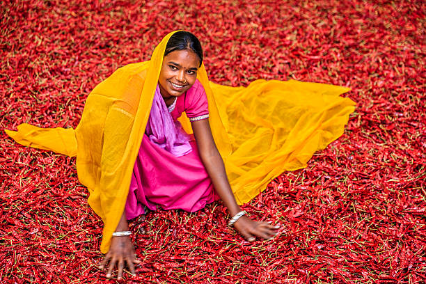 istock Young Indian woman sorting red chilli peppers, Jodhpur, India 637196910