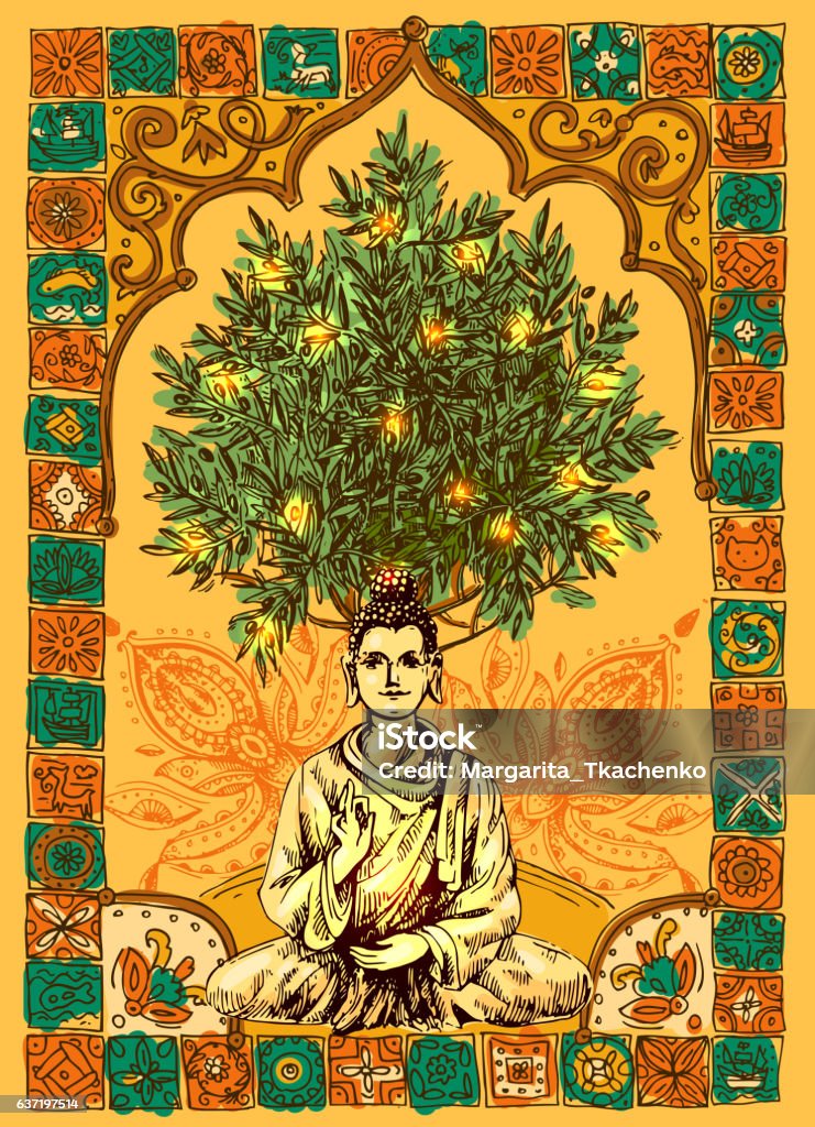 illustration  with buddha Vector sketch illustration  with buddha. Drawing by hand. Boho style. Use for posters, postcards, print for t-shirt, tattoo. Vesak Day stock vector