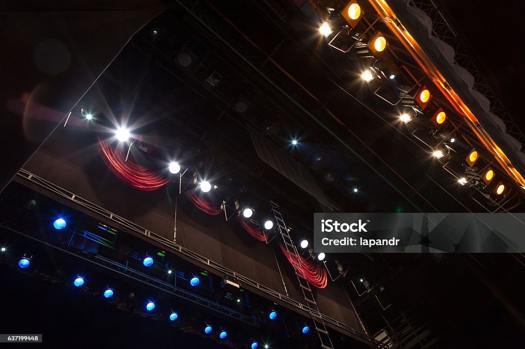 Lighting equipment on stage during a performance Backstage Stock Photo