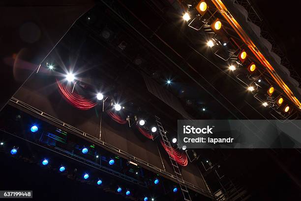 Lighting Equipment On Stage During A Performance Stock Photo - Download Image Now - Backstage, Stage Theater, Stage Light