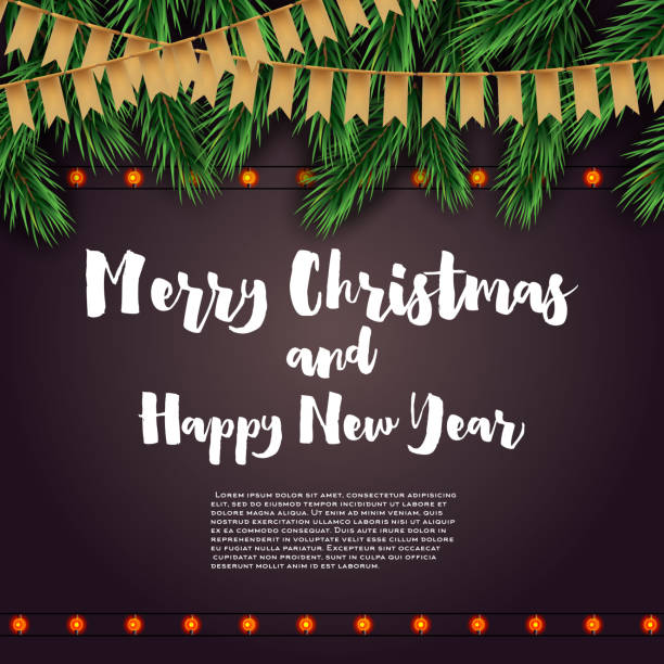 Merry Christmas and Happy New Year. Merry Christmas and Happy New Year. Greeting Card with Fir Branches, Neon Garland and Golden Flags. Vector Illustration. flaglets stock illustrations