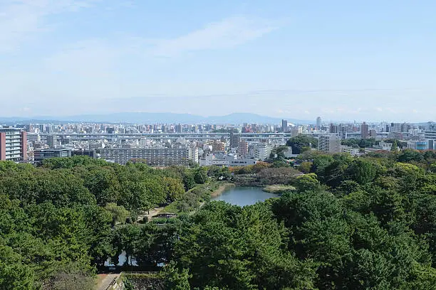 Nagoya city from Nagoya castle wih garden forground