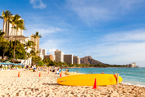 Honolulu - July 17, 2011 : View of people on Waikiki beach and Diamond head in the background