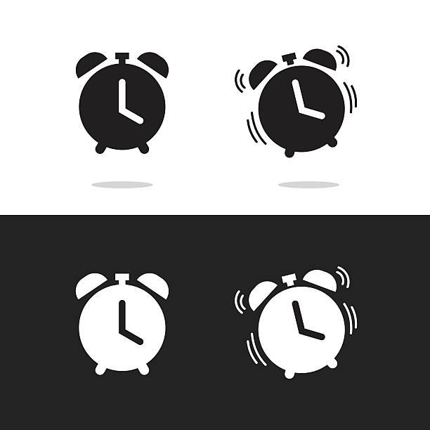 흰색과 검은색 배경에서 격리된 시계 알람 아이콘 벡터 - 알람시계 stock illustrations