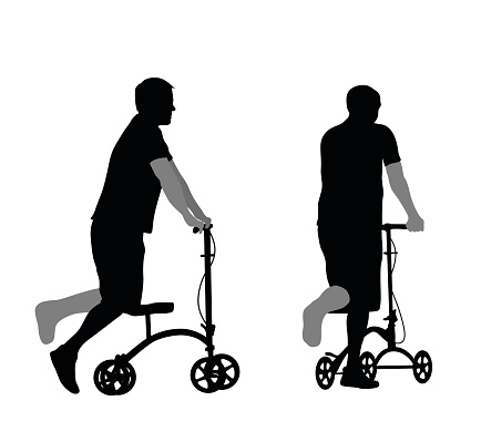 A vector silhouette illustration of an  injured young man with a broken leg and wearing a cast using a knee walker scooter over two images from two angles.