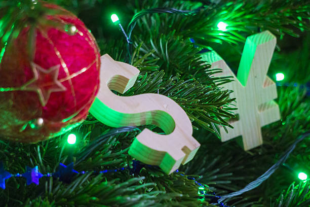 istock Exchange rating. Yen, Dollar on Green Christmas tree with red 637216792