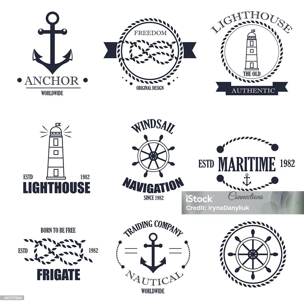Set of vintage retro nautical badges and vector labels. Set of vintage retro nautical badges and labels. Nautical badges anchor sea symbol. Traditional vector insignia style element nautical badges label design graphic illustration stamp. Rope stock vector