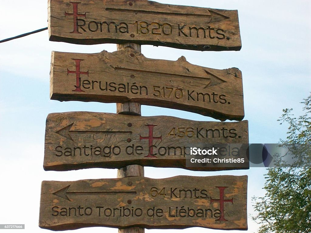 Compostela Road sign on the road towards santiago de compostela Catholicism Stock Photo
