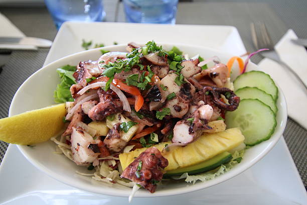 Octopus Salad, Creole Style, Mauritius Fresh Octopus Salad in Creole style is a coomon food in Mauritius fish dead dead body dead animal stock pictures, royalty-free photos & images