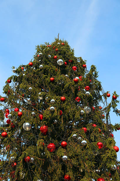 istock Christmas tree with Christmas red and grey Balls 637222496