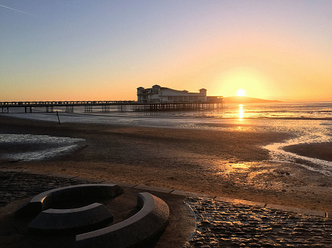 A view of Weston-super-Mare in winter in a pale sunset