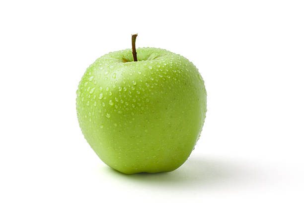 istock Green wet apple with water drops on white background 637225642