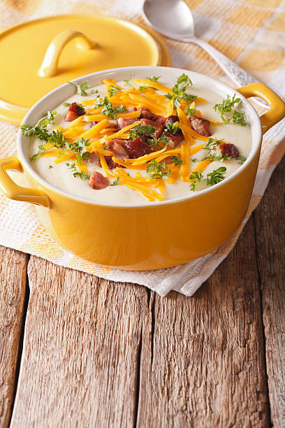 istock Potato puree soup with bacon and cheddar close-up 637228690