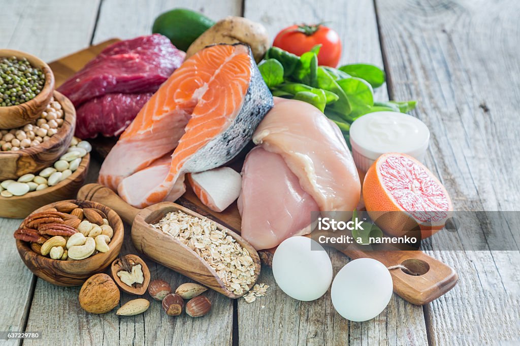 Selection of food for weight loss Selection of food for weight loss, copy space Healthy Eating Stock Photo