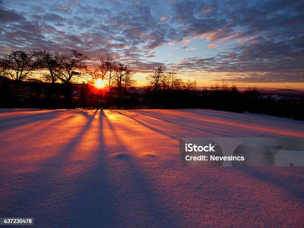 Winter Morning Sun Rise Stock Photo - Download Image Now - Horizontal, Long Shadow - Shadow, No People