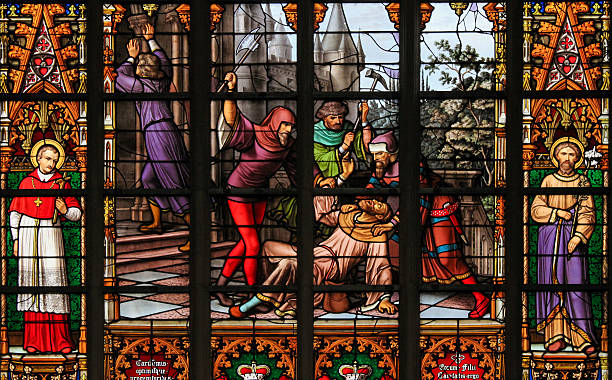 Stained Glass - Antisemitic stained glass in Brussels Cathedral Brussels, Belgium - July 26, 2012: Stained Glass depicting the legend of Jews stealing sacramental bread, in the Cathedral of Brussels, Belgium. This antisemitic legend dates back to 1370. desecrate stock pictures, royalty-free photos & images