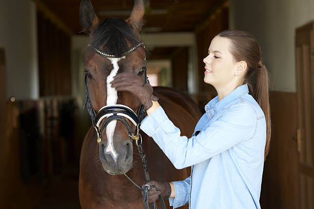 istock Woman and her horse at stable 637232992