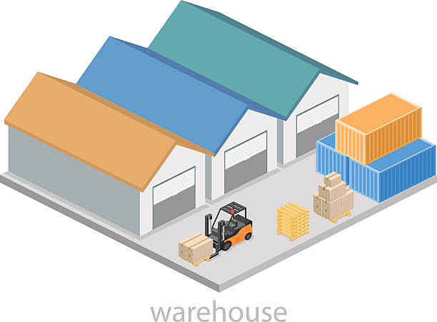 Isometric flat 3D concept vector warehouse outside Isometric flat 3D concept vector warehouse outside. The boxes are on the shelves. stacking food containers stock illustrations