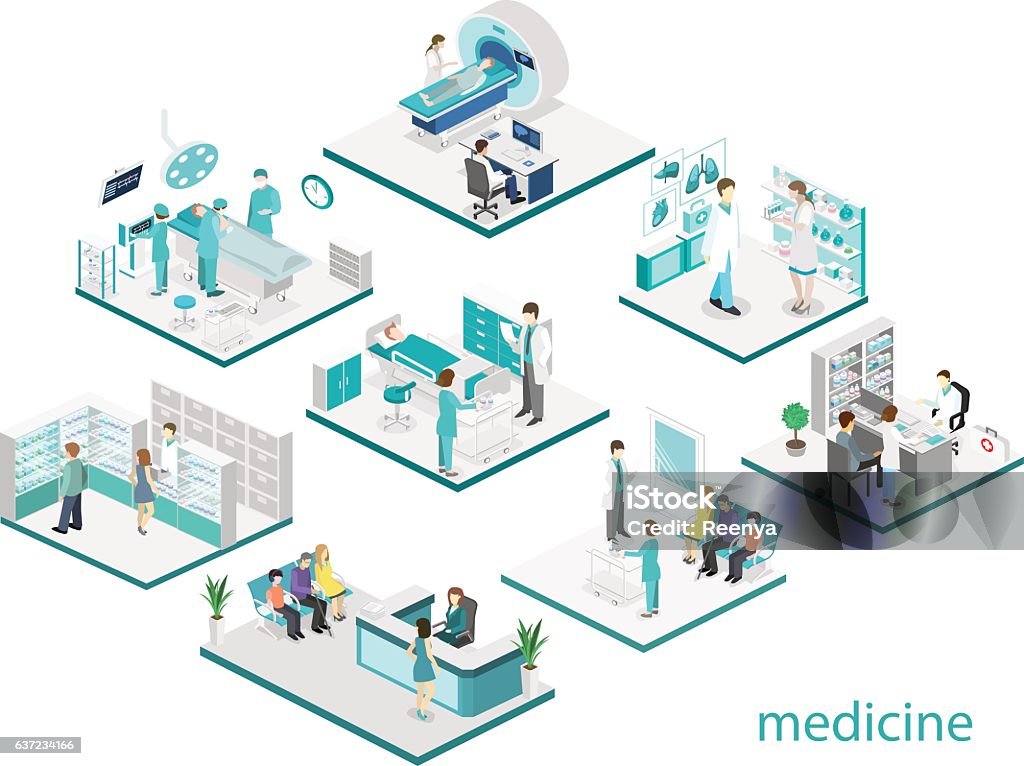 Interior plano isométrico de la habitación del hospital, farmacia, consultorio médico, - arte vectorial de Proyección isométrica libre de derechos