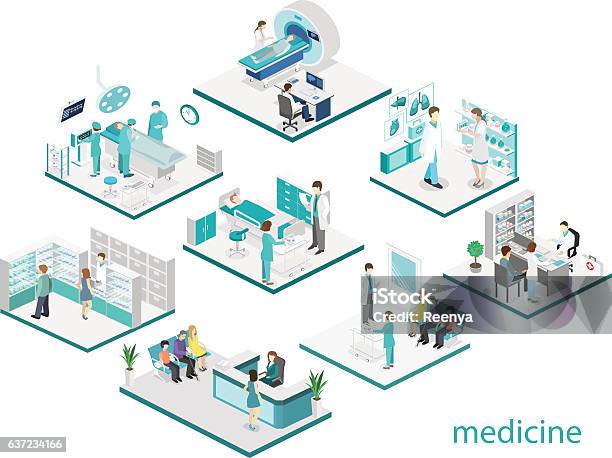 Ilustración de Interior Plano Isométrico De La Habitación Del Hospital Farmacia Consultorio Médico y más Vectores Libres de Derechos de Proyección isométrica