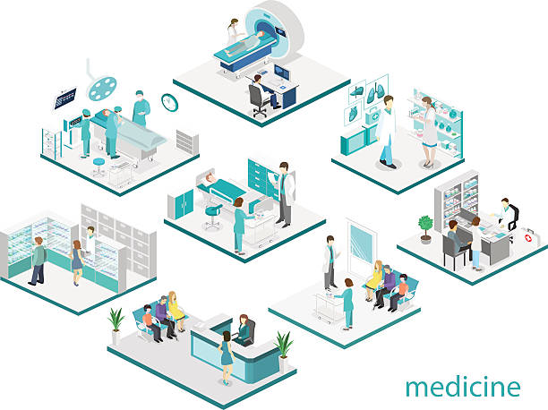 izometryczne płaskie wnętrze sali szpitalnej, apteki, gabinetu lekarskiego, - isometric patient people healthcare and medicine stock illustrations