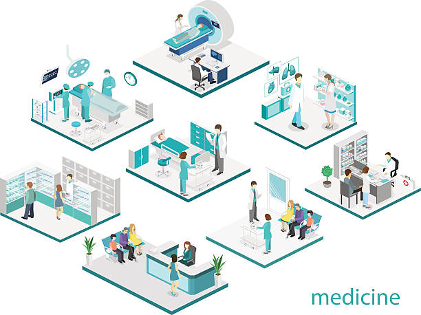 Isometric flat interior of hospital room, pharmacy, doctor's office, Isometric flat interior of hospital room, pharmacy, doctor's office, waiting room, reception, mri, operating. Doctors treating the patient. Flat 3D vector illustration service clipart stock illustrations