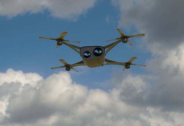 istock modern camera drone in flight, front view of the futuristic 637234792