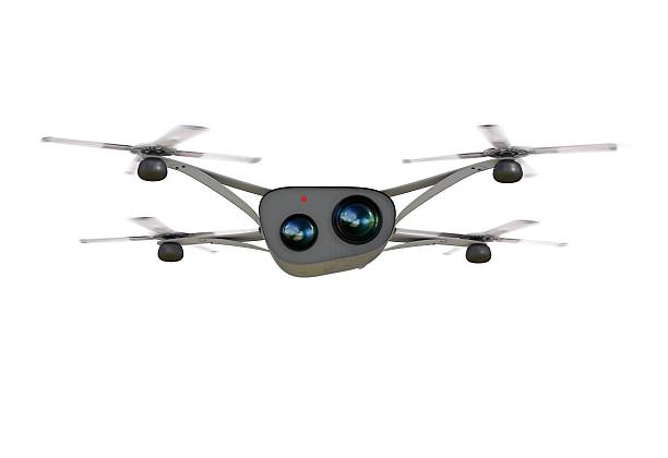 istock isolated modern camera drone in flight, front view of the 637235028