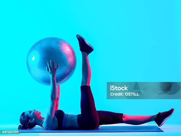 Woman Fitness Pilates Exercices Isolated Stock Photo - Download Image Now - Pilates, Sports Ball, Gym