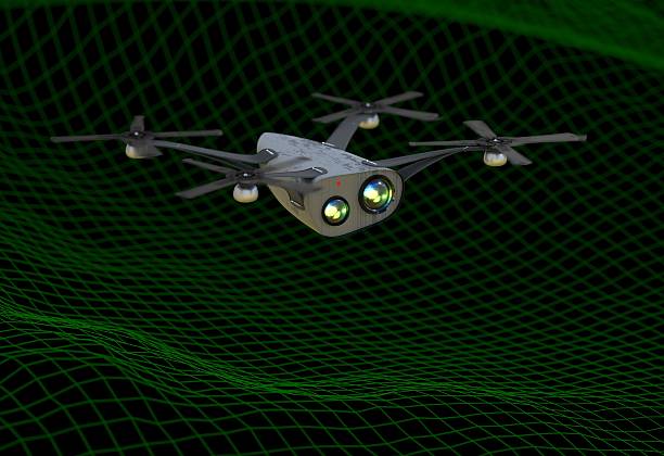 istock Realistic copter with cameras flying over virtual landscape 3d illustration 637239632