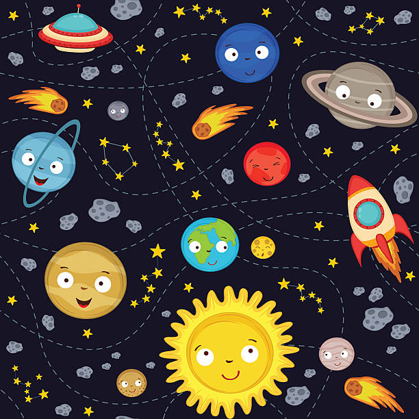 illustrazioni stock, clip art, cartoni animati e icone di tendenza di modello senza soluzione di continuità sistema solare carino - mercury rocket