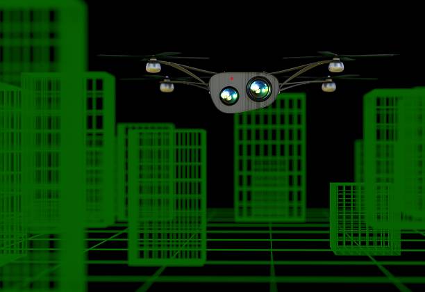 istock Realistic copter with cameras flying over virtual city 3d illustration 637246678